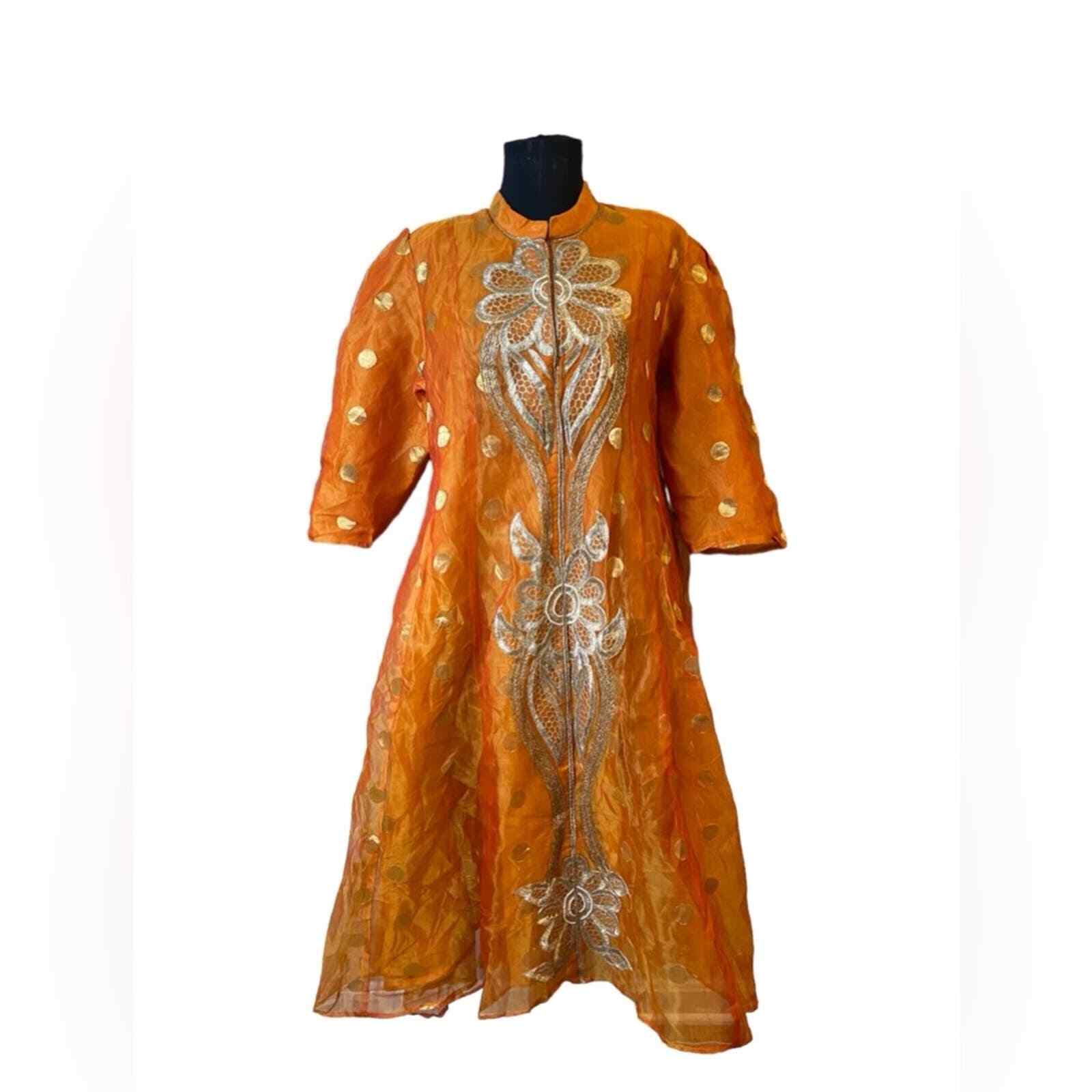 Indian 100% Silk Traditional Orange Chiffon Silk Embroidered Dress Kurta