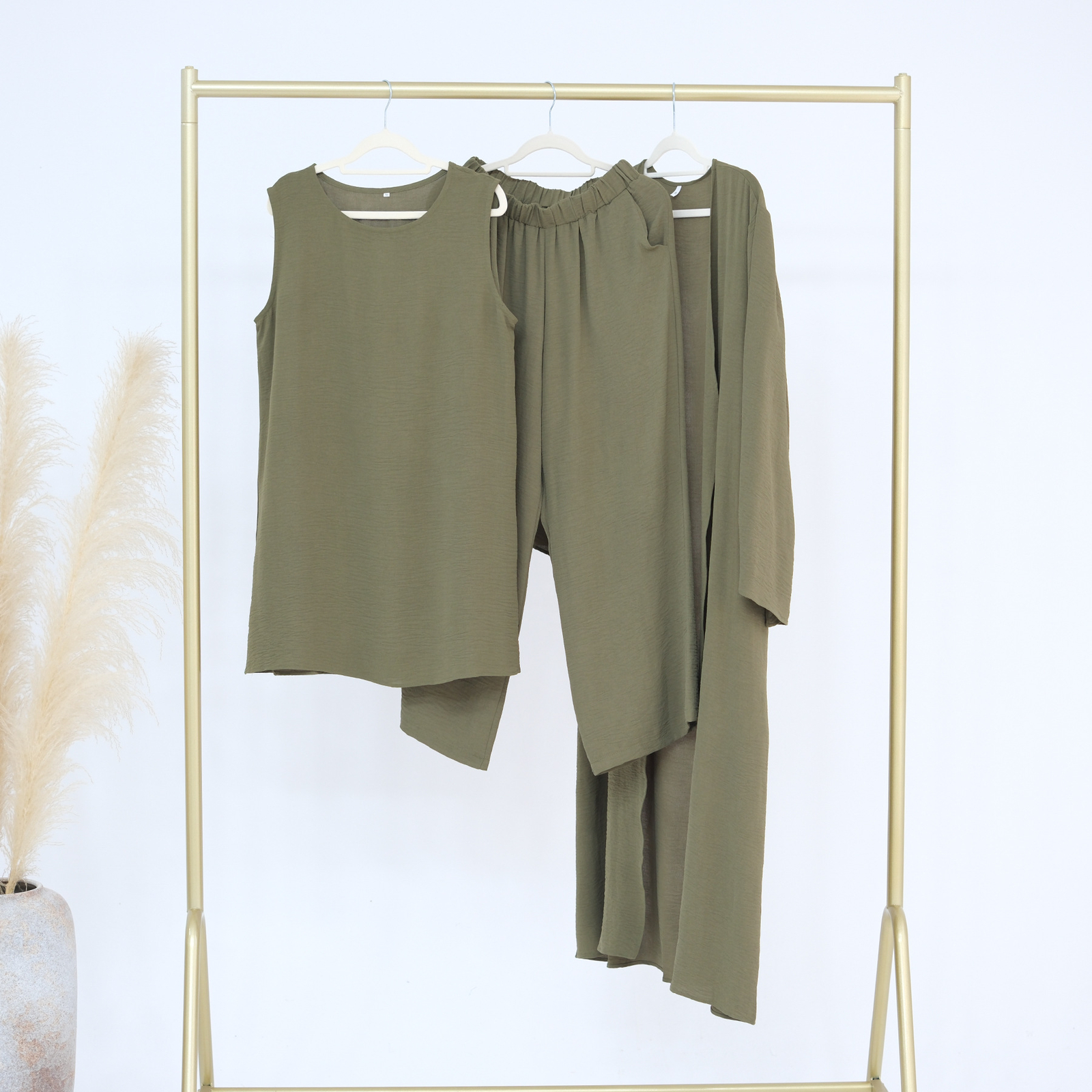 Muslim Women 3pcs Set Open Kimono Vest Pants Kaftan Dress Dubai Abaya Outfits