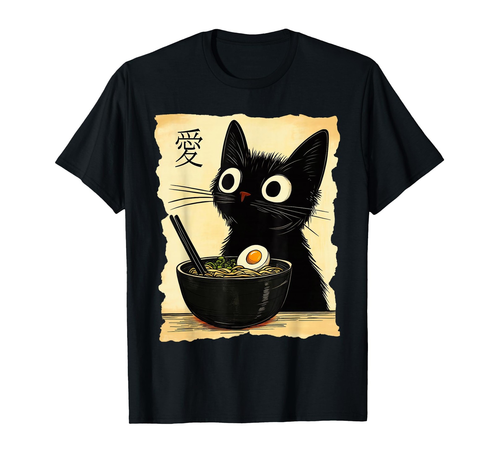 Funny Cat Ramen Graphic Tee Japanese Kawaii Anime T-Shirt Small, Black