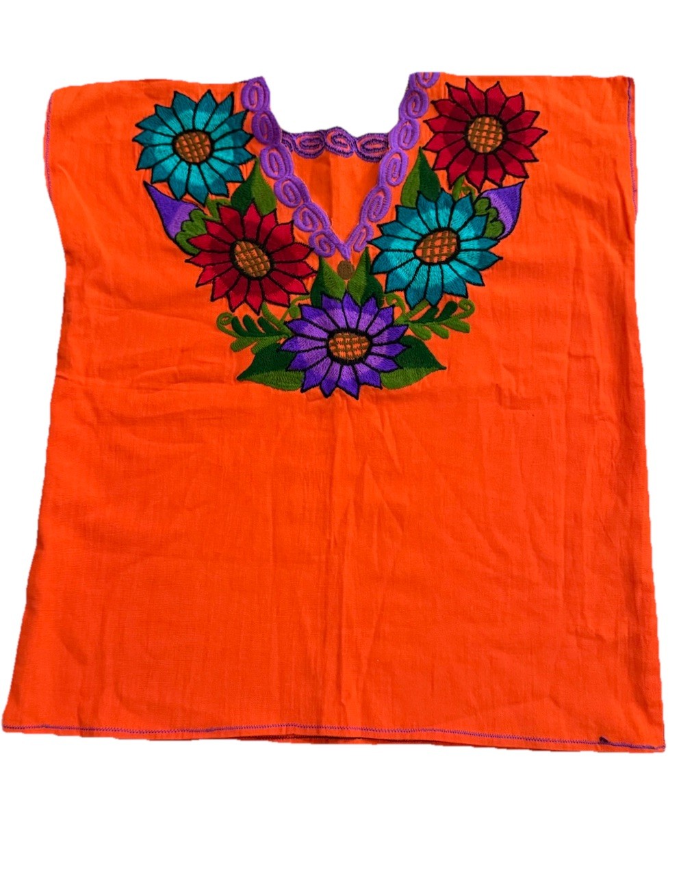 Orange Embroidered Floral Cotton Huipil Mexican shirt Women’s Size S