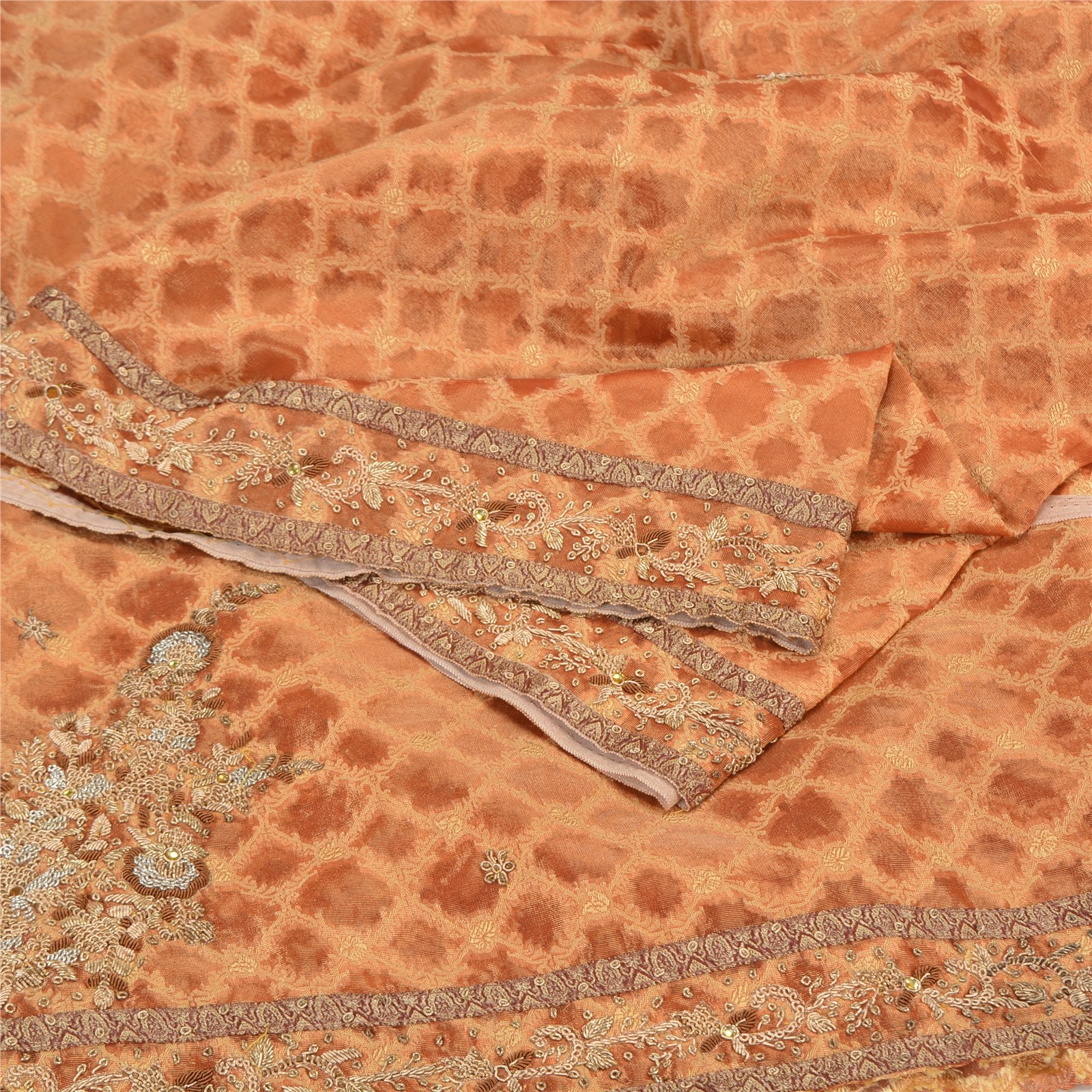 Sanskriti Vintage Peach Saree Art Silk Hand Beaded Woven Craft Fabric Sari