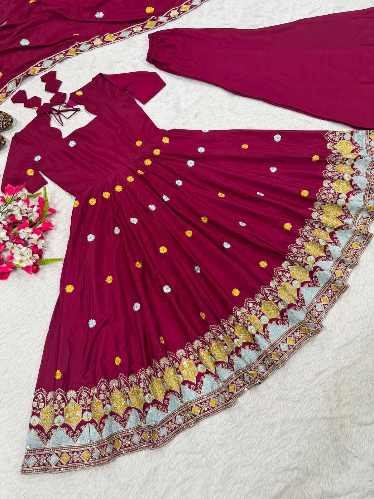 Presenting Natural Crap Maroon Gown Palazzo With Dupatta For Functional Wear