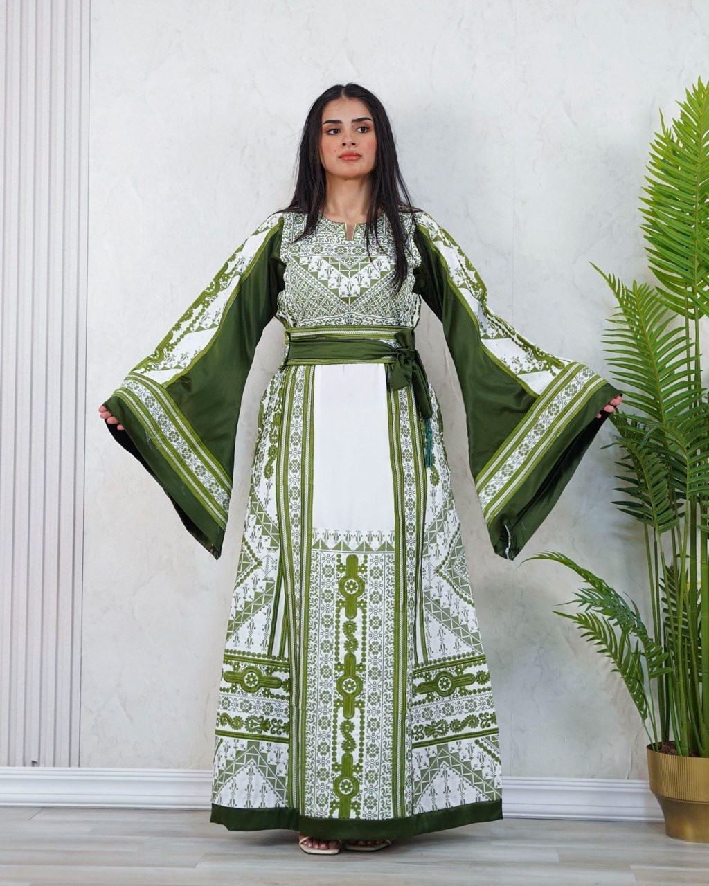 Women Palestinian Thobe Dress – Hand Embroidered Tatreez, Wide Sleeve Gown