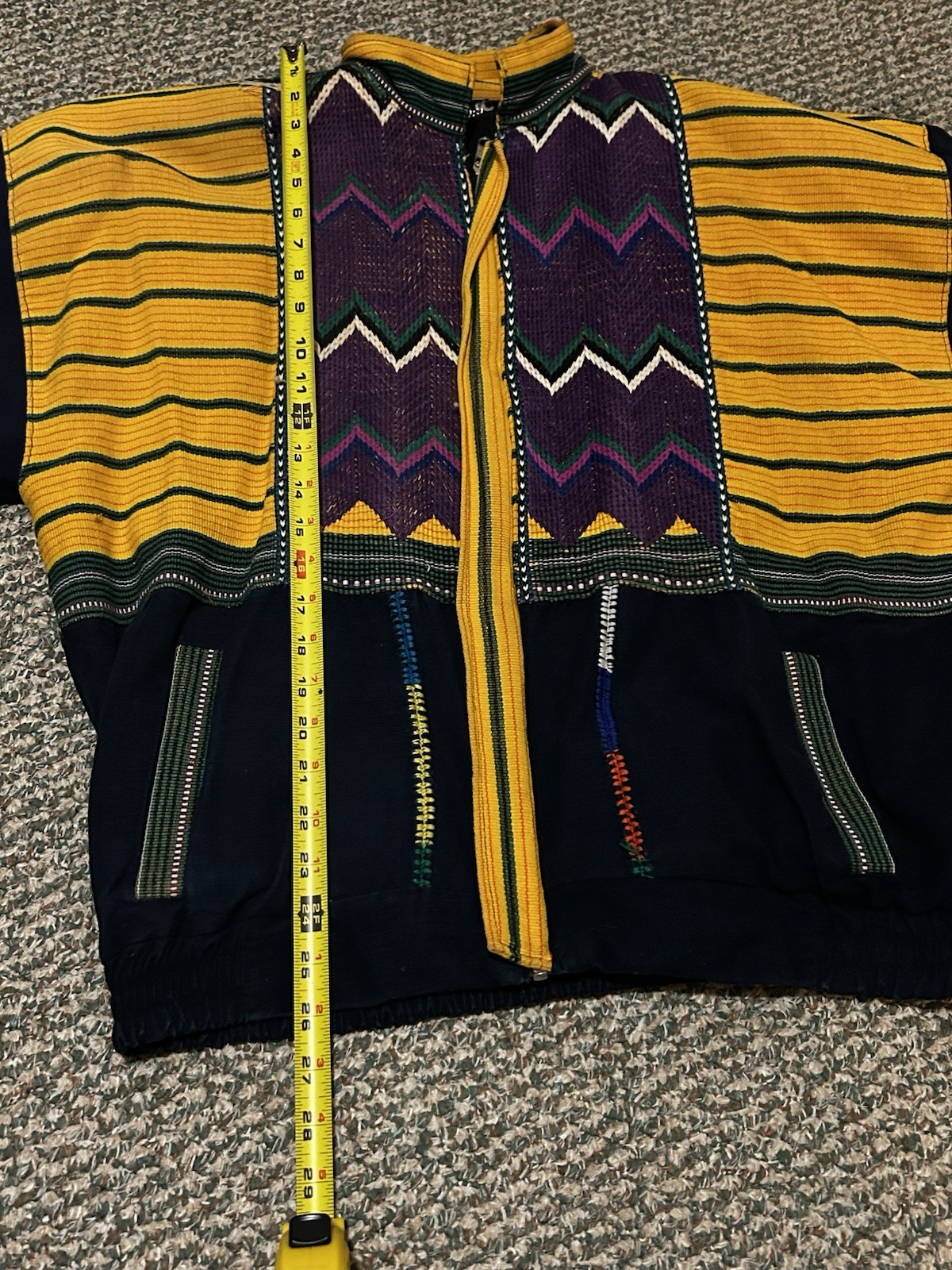 Handmade Wool Woven Zip-Front Poncho Jacket, Multicolor Zigzag, Size M
