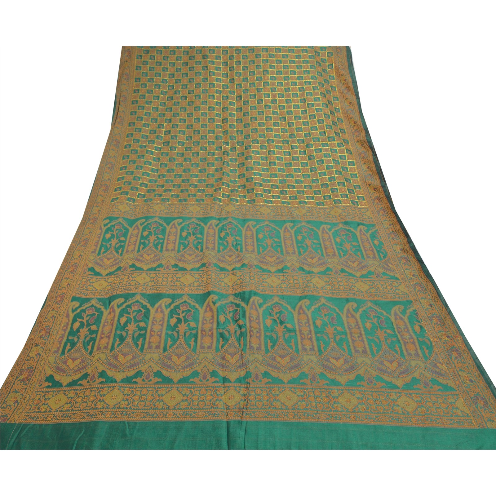 Sanskriti Vintage Rama Green Sarees Artificial Silk Hand- Woven Sari Fabric