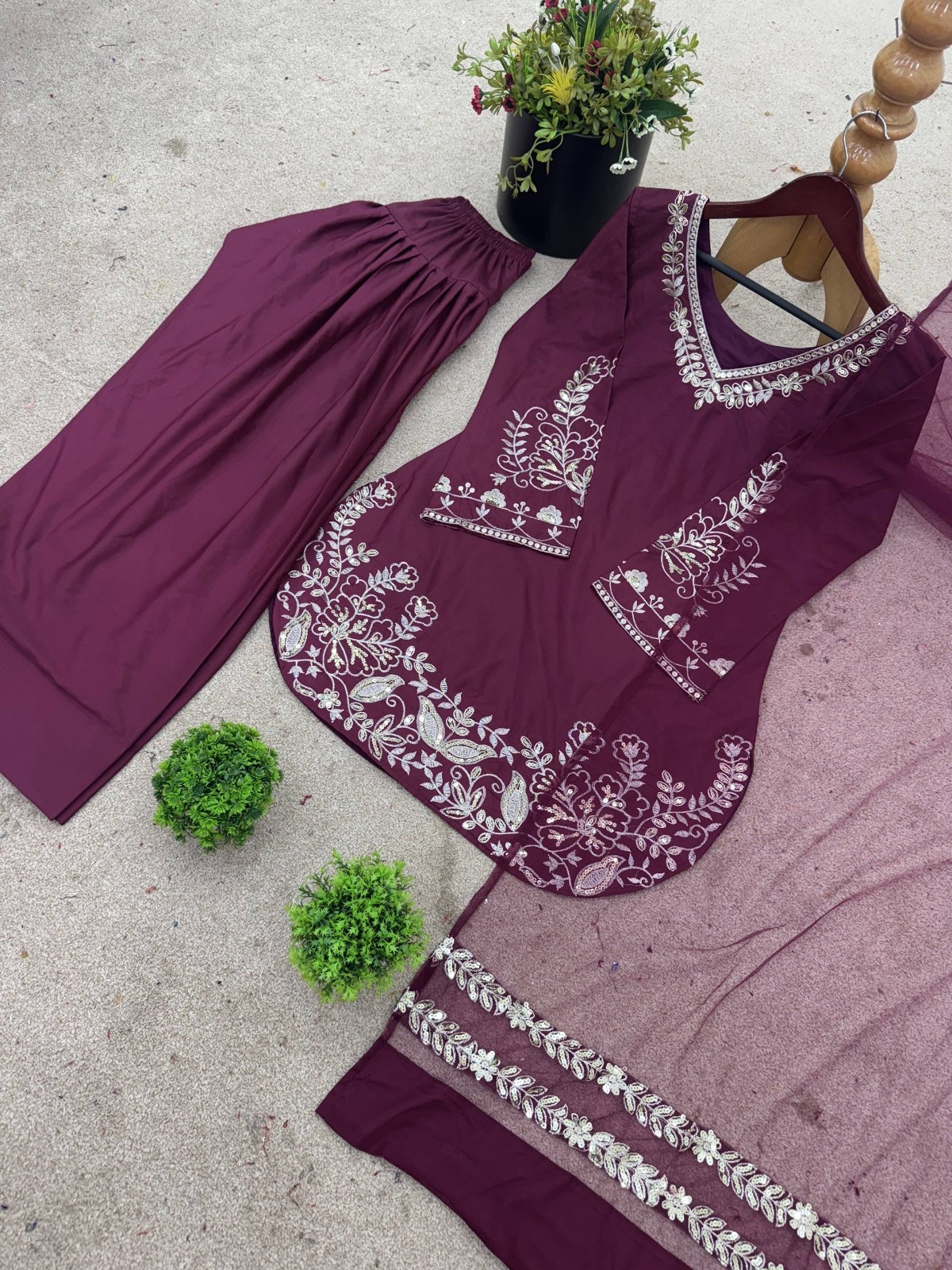 Stylish Look Natural Crep Silk Wine Top Bottom With Dupatta For Ethnic Wear