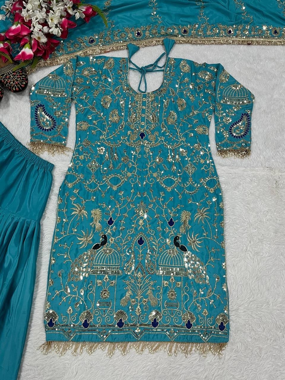 New Launching Sky Blue Natural Crepe Top Dhoti With Dupatta For Women