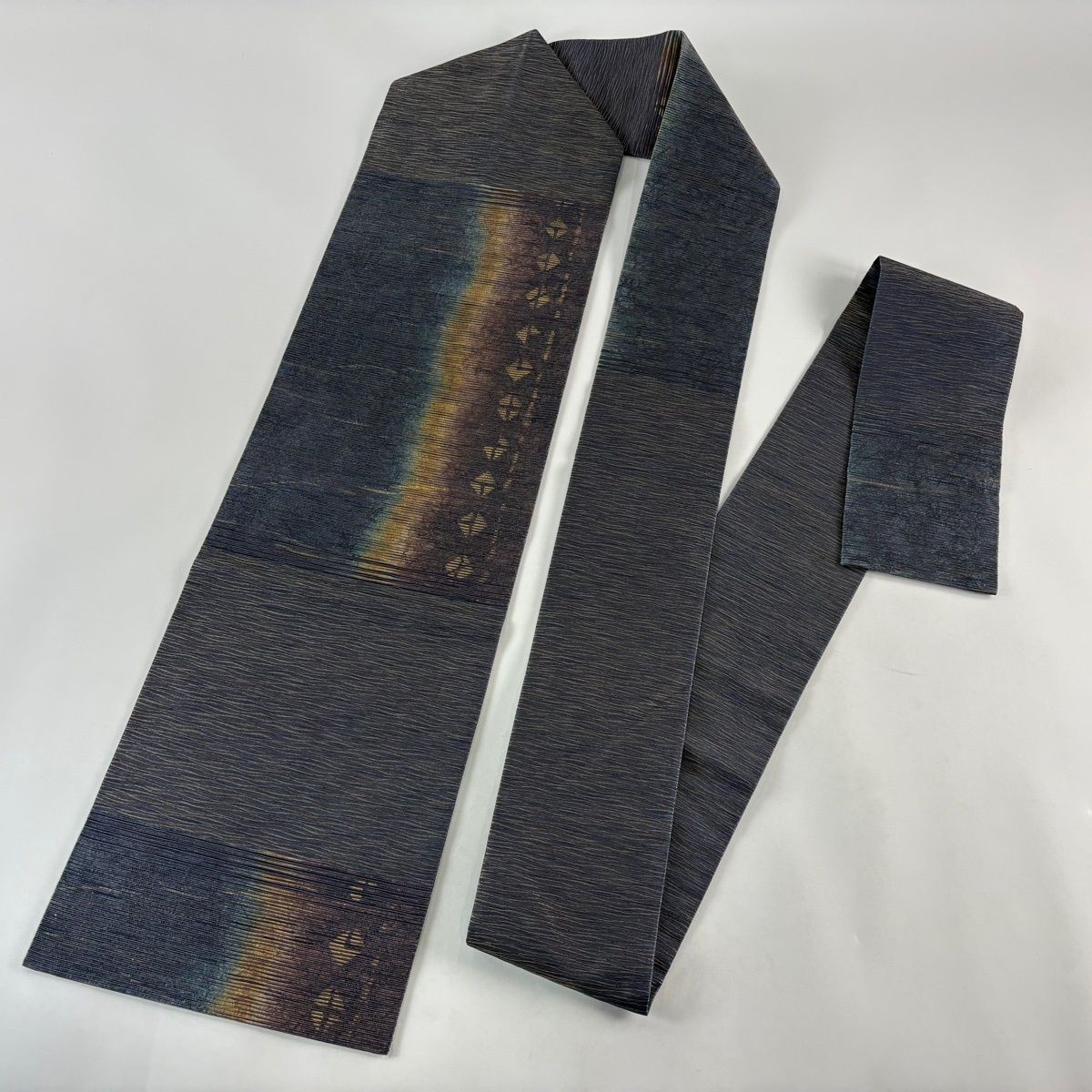 Nagoya Obi Geometric Gold Thread Gold Accent Dark Navy Silk 382cm Finished