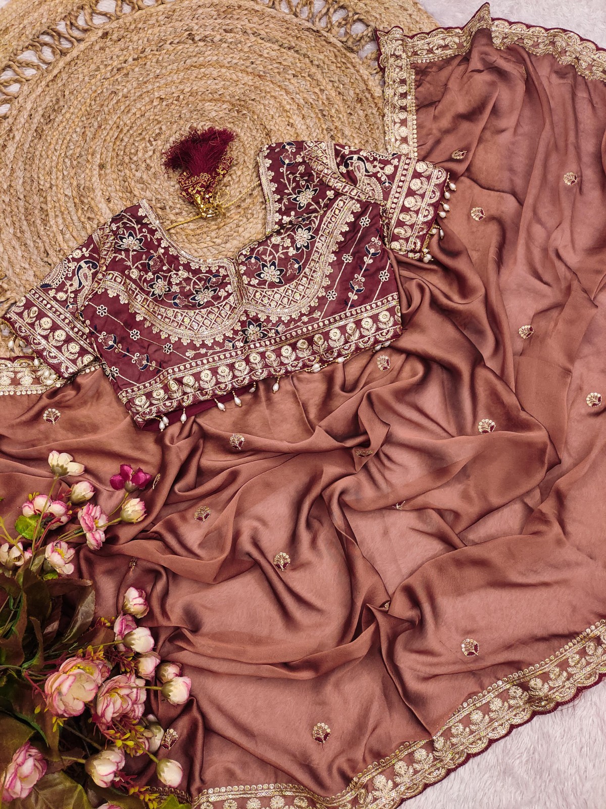 Soft Rangoli Silk Fabric With Sequance and dori Embroidery Work with Real Mirror