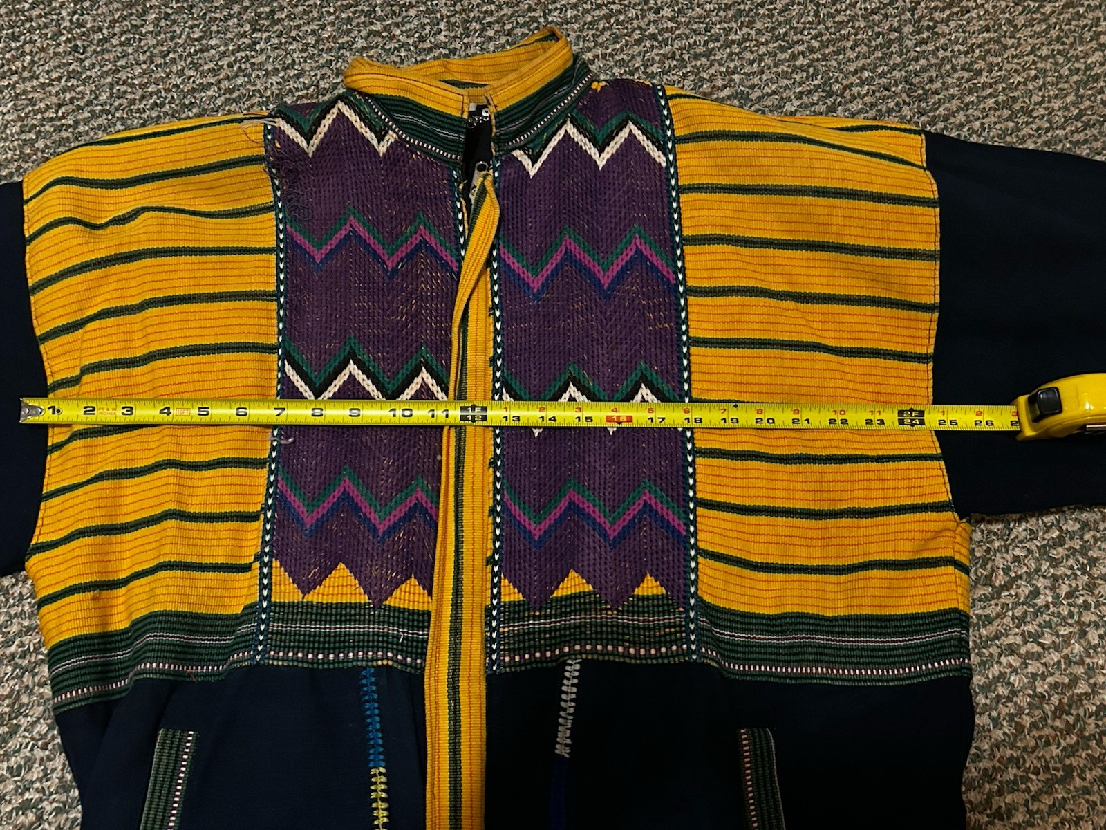 Handmade Wool Woven Zip-Front Poncho Jacket, Multicolor Zigzag, Size M
