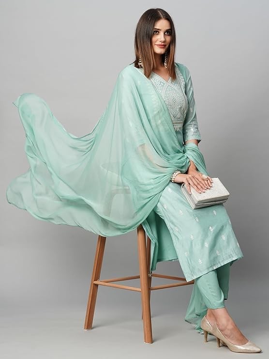 Women Blue Plus Size Floral Printed Indian Cotton Kurta Top & Pant With Dupatta