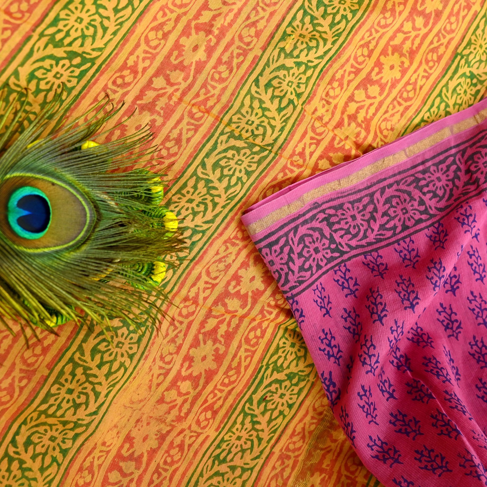 Indian Vintage Sari Pink Block Printed Sari Pure chanderi Silk Saree Fabric 5Yd