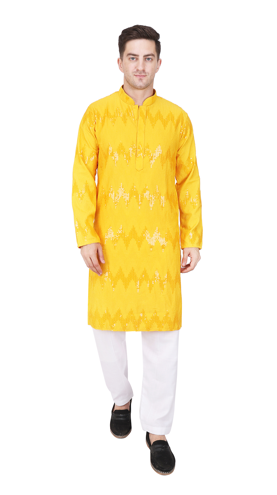 TRILOKI Mens Embroidered Sequined Kurta Pajama Set Rayon Ethnic Indian Tradition