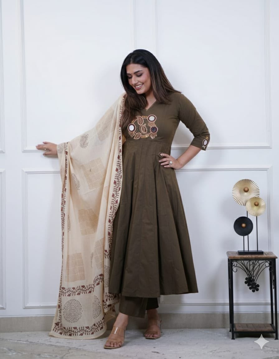 Women’s Olive Green Anarkali Kurta Pant Dupatta Set Cotton Ethnic Suit