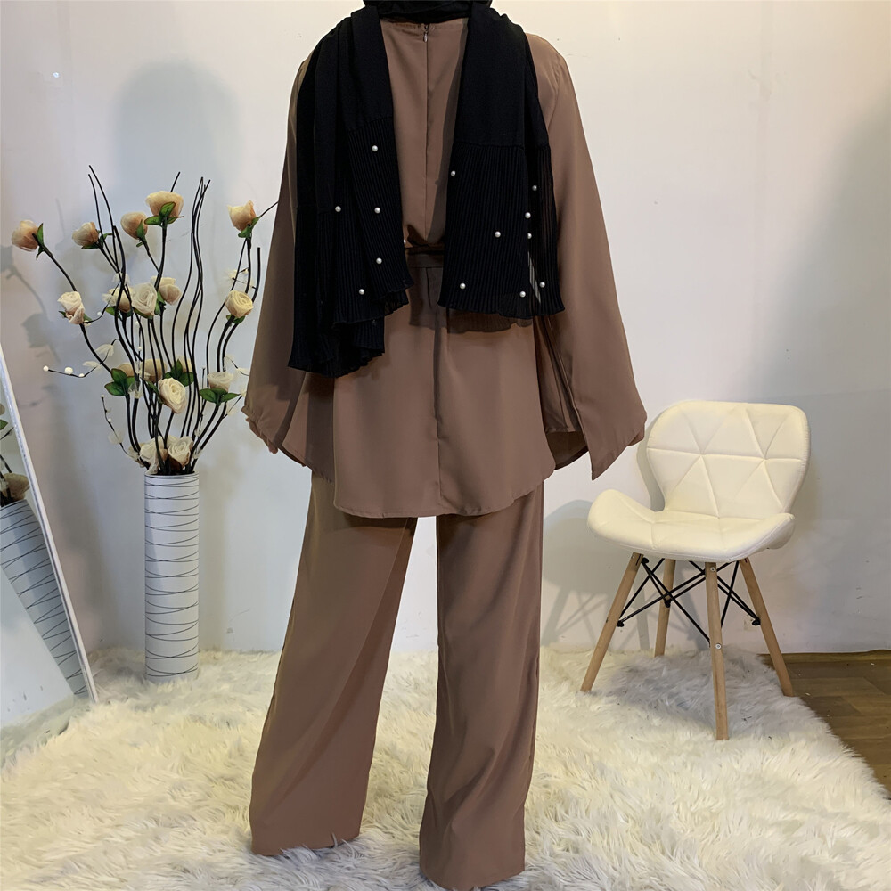 Women Blouse Top Long Pants Set Abaya Muslim Outfits Kaftan Casual Robe Islamic