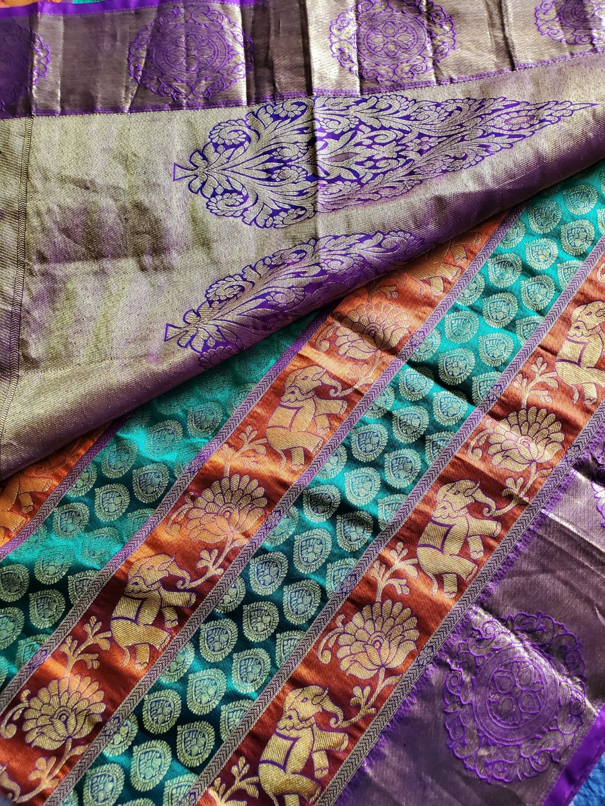 Authentic Pure Silk Dharmavaram Pure Silk Saree Horizontal Panels Green Orange