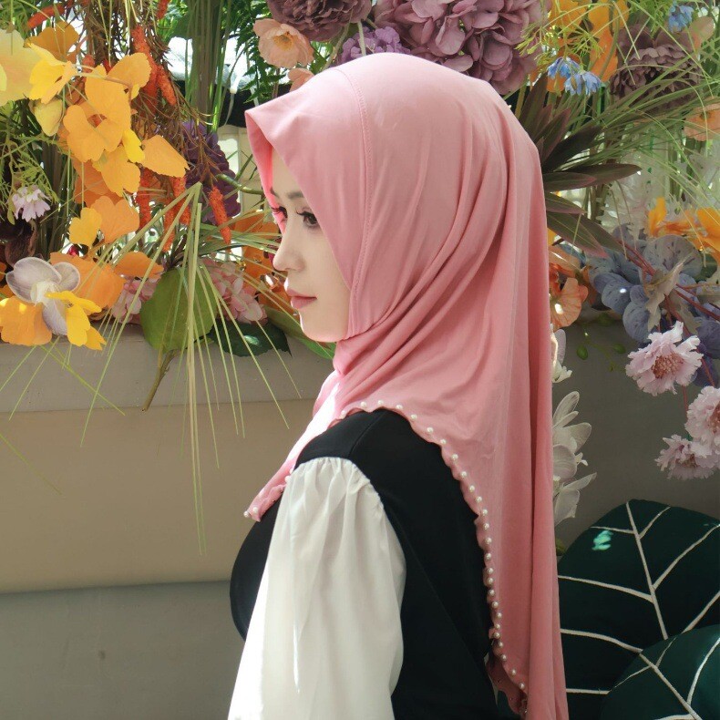 Muslim High End Rose Pearl Solid Color Shawl Headscarf Shayla Chador Scarf Hat