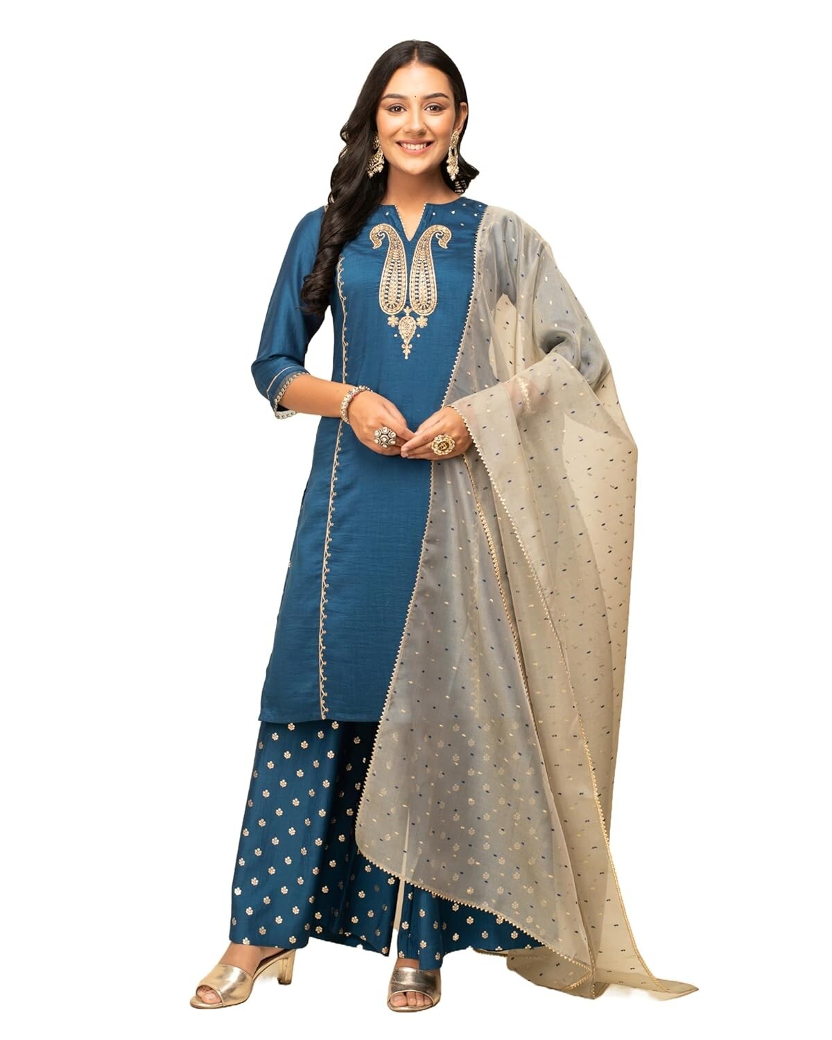 Women’s Teal Blue Silk Blend Straight Kurta with Palazzo and Dupatta