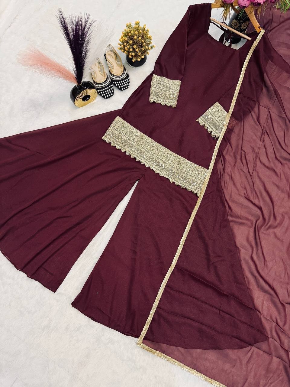 Bollywood Look Star Georgette Maroon Top Palazzo Dupatta For Women & Girls