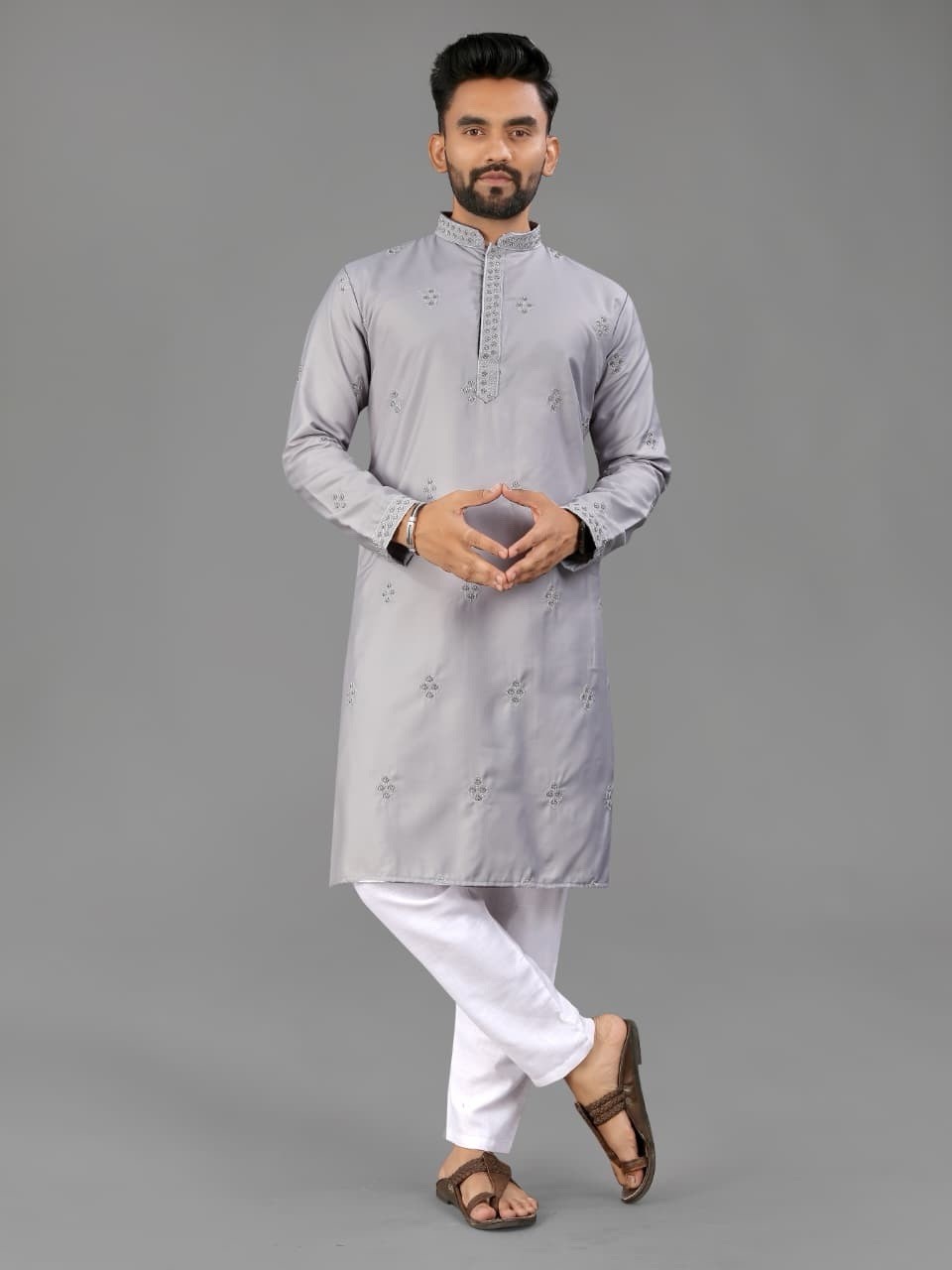 Sequin Embroidered Designer Mens Cotton Kurta With Pajama Set For Festive Wear
