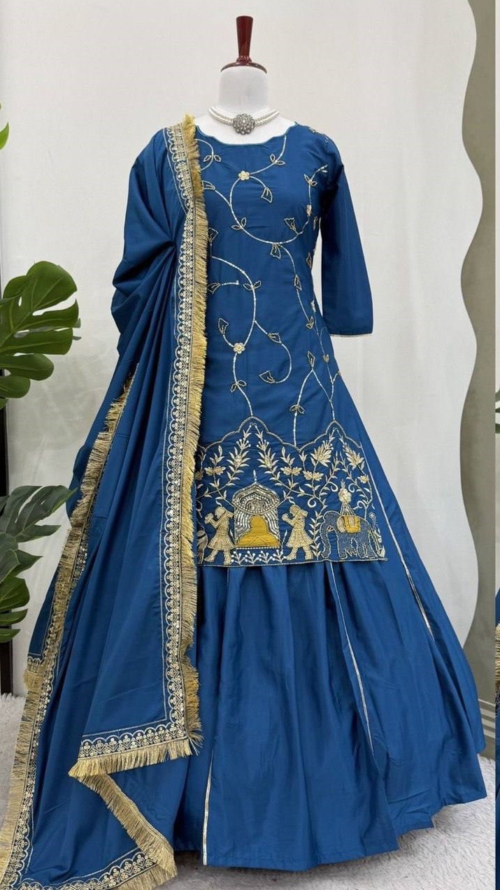 Stunning Look Natural Crep Silk Blue Top Lehenga With Dupatta For Festive Wear