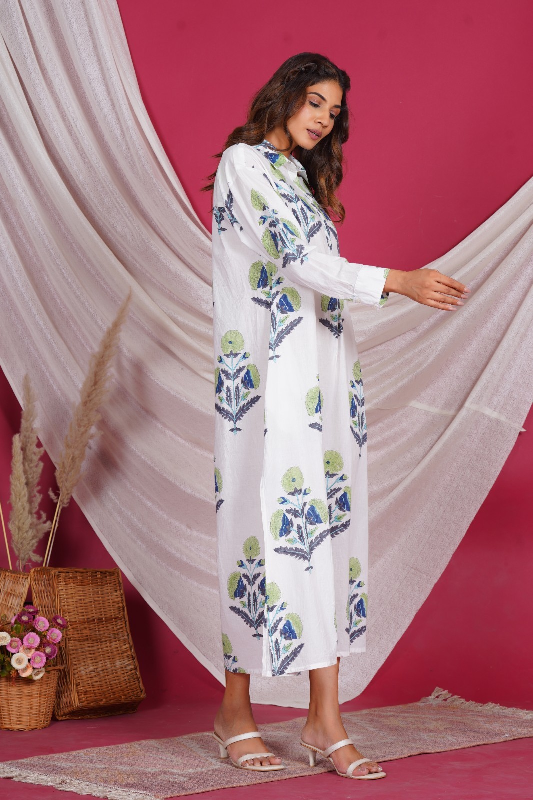 Hand Block Printed Cotton Long Kurta for Women Floral White Tunic with Side Slit