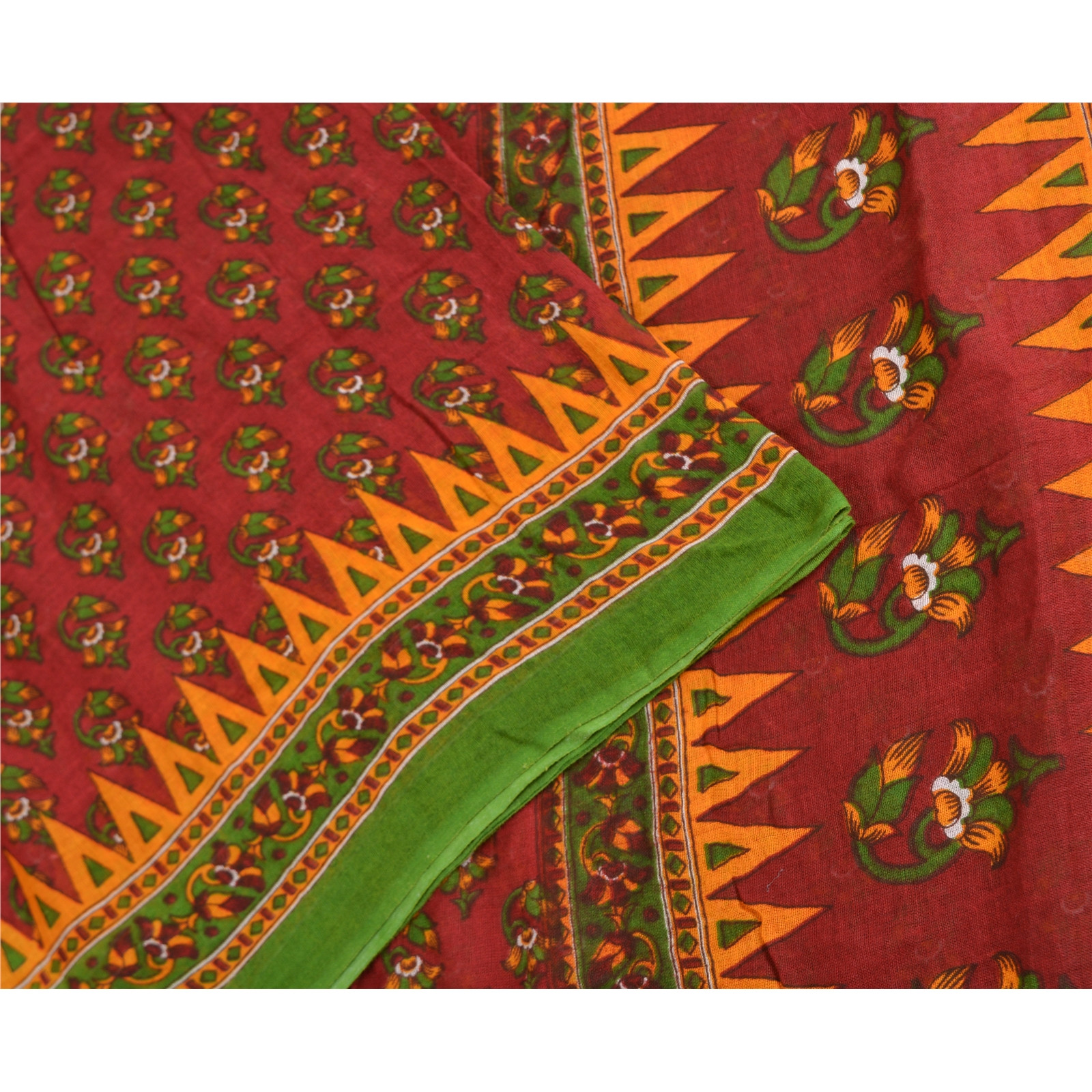 Sanskriti Vintage Sarees Dark Red 100% Pure Cotton Printed Sari 5Yd Craft Fabric