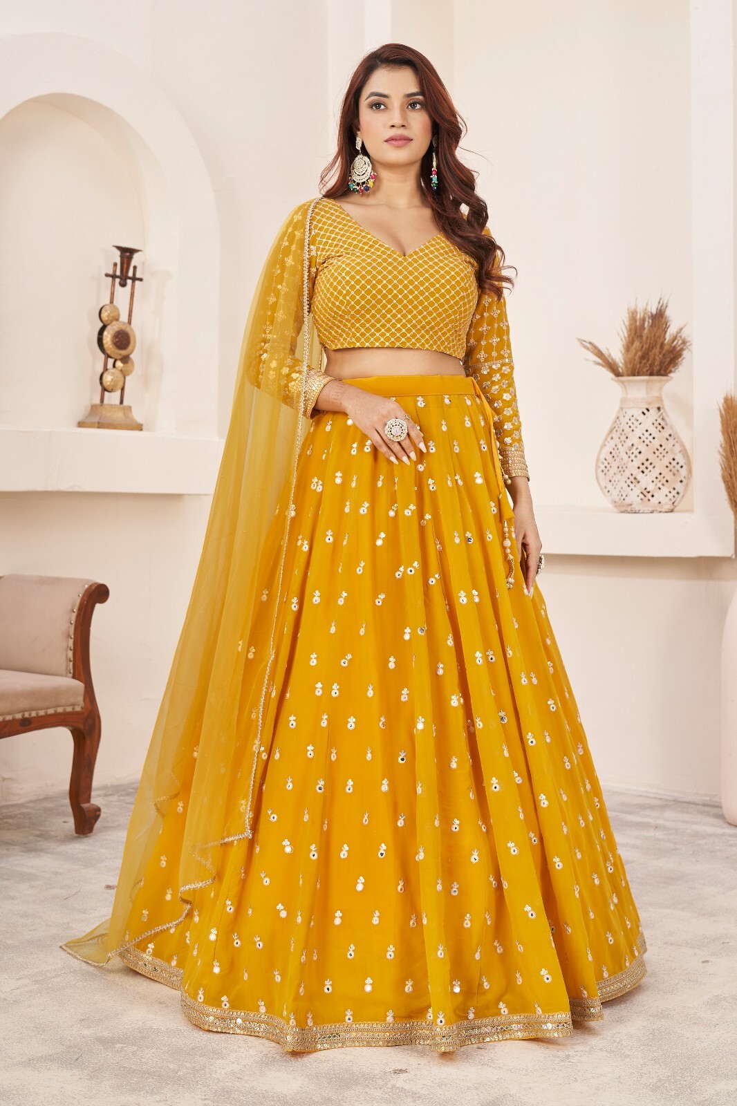 Women Fancy Yellow Georgette Thread With Sequence Embroidery Work Lehenga Choli