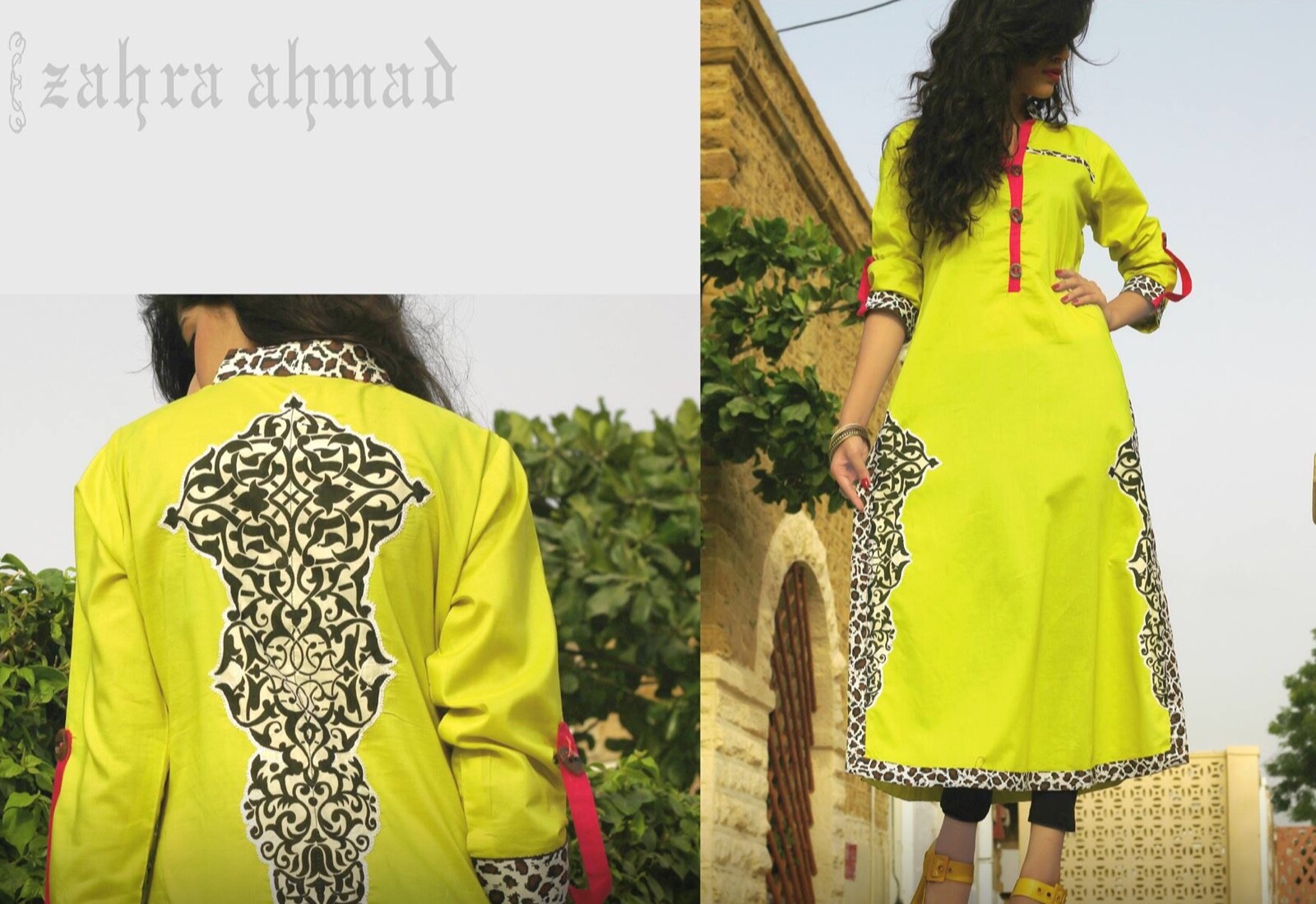 Pakistani Zahra Ahmad Bright Green Cotton Kurta with Zebra prints (Eid Sale)