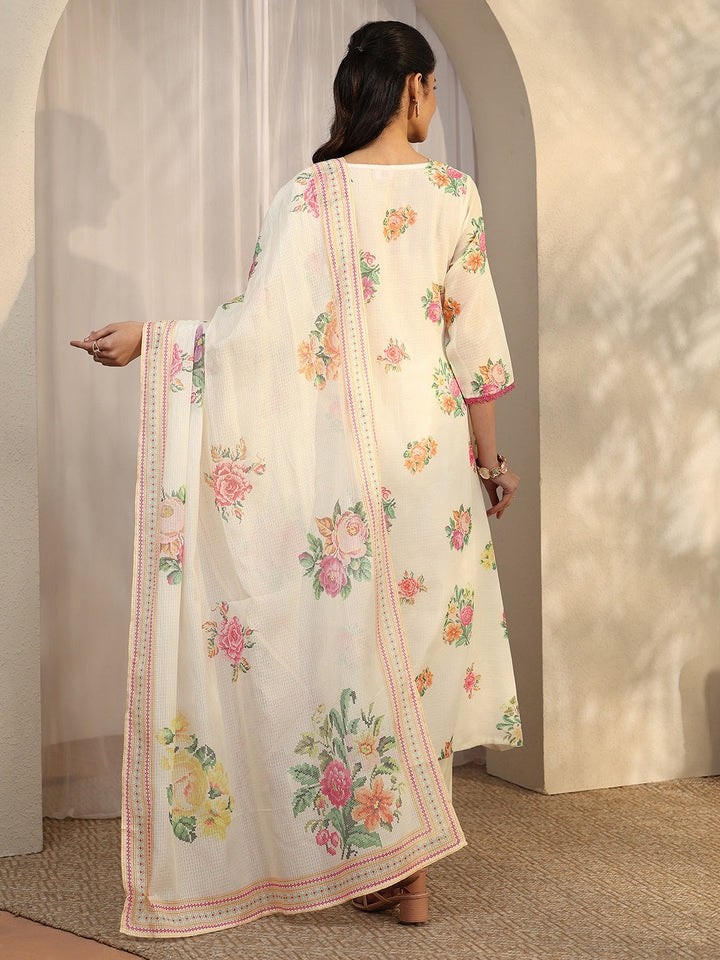 White Floral Printed A-Line Kurta with Trousers & Dupatta