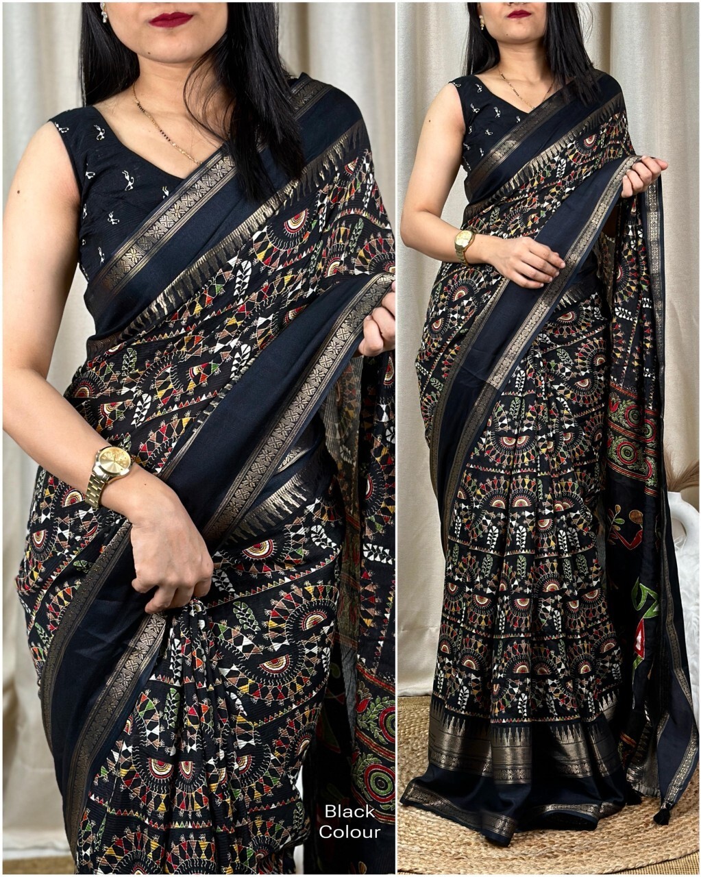 Printed Bollywood Art Silk Saree (Black)