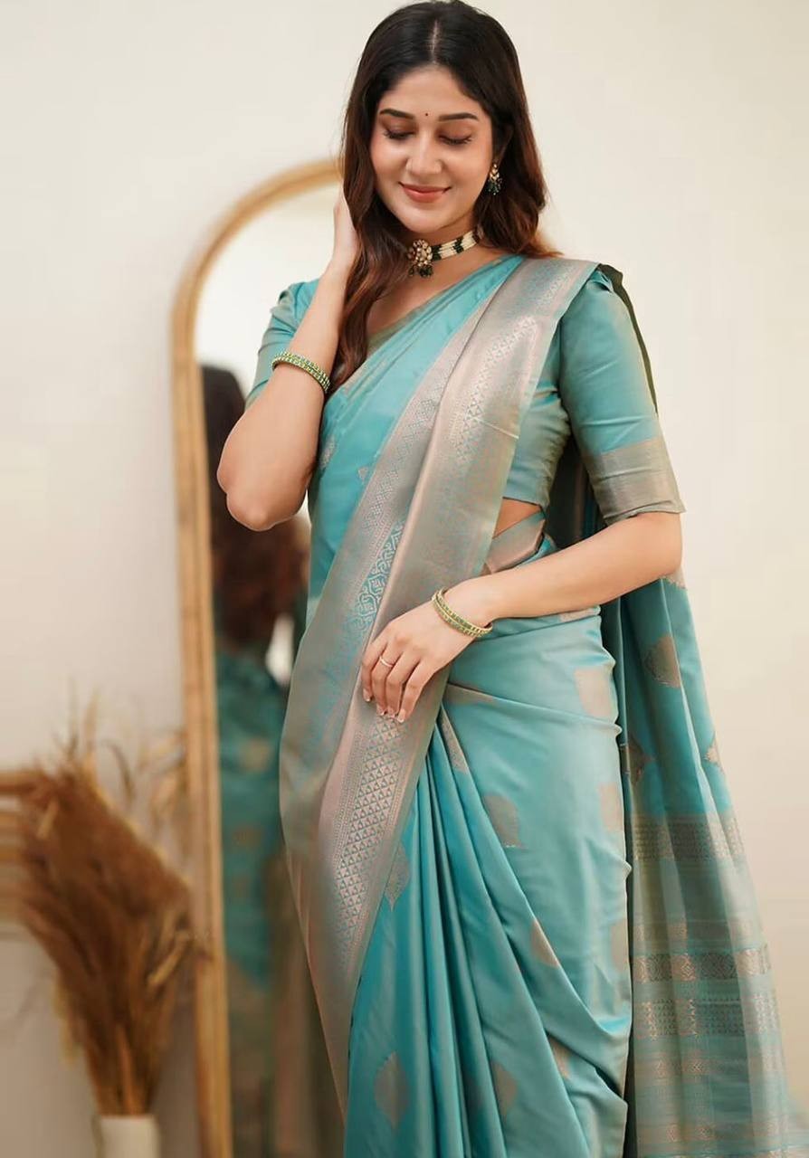 South Indian Soft Lichi Silk Saree Jacquard Weave Temple Border Sari Blouse