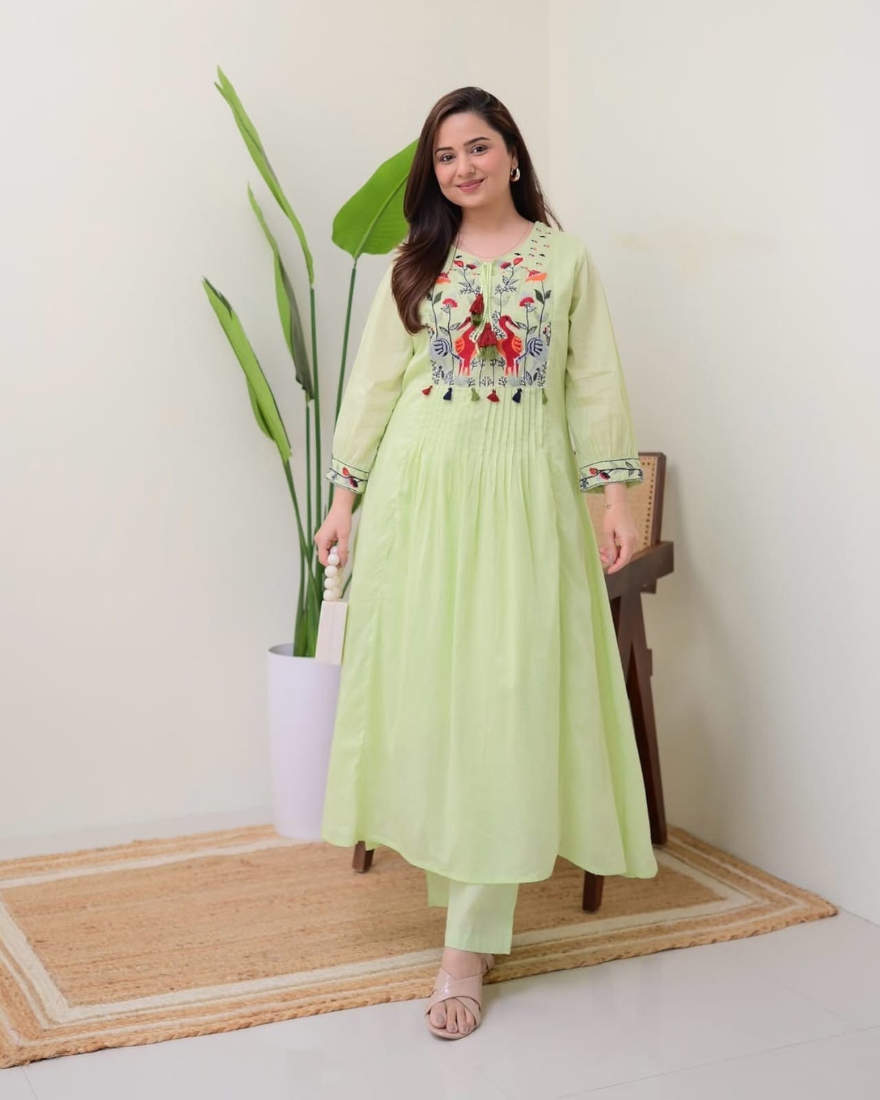 Women’s Lime Green Embroidered Anarkali Kurta Set Ethnic Indian Outfit
