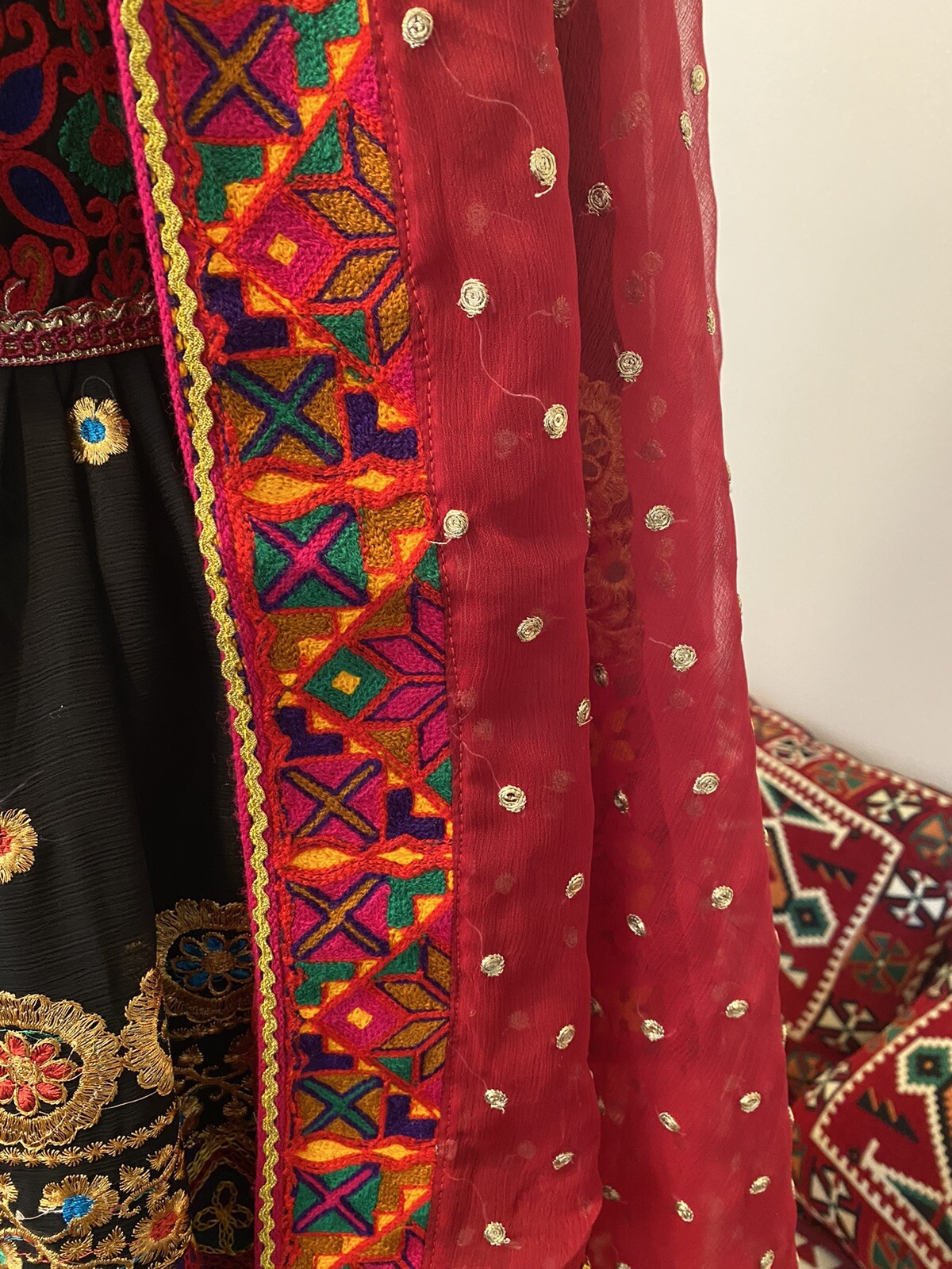 Afghan Black Dress With Red Pant And Red Scarf Large Size