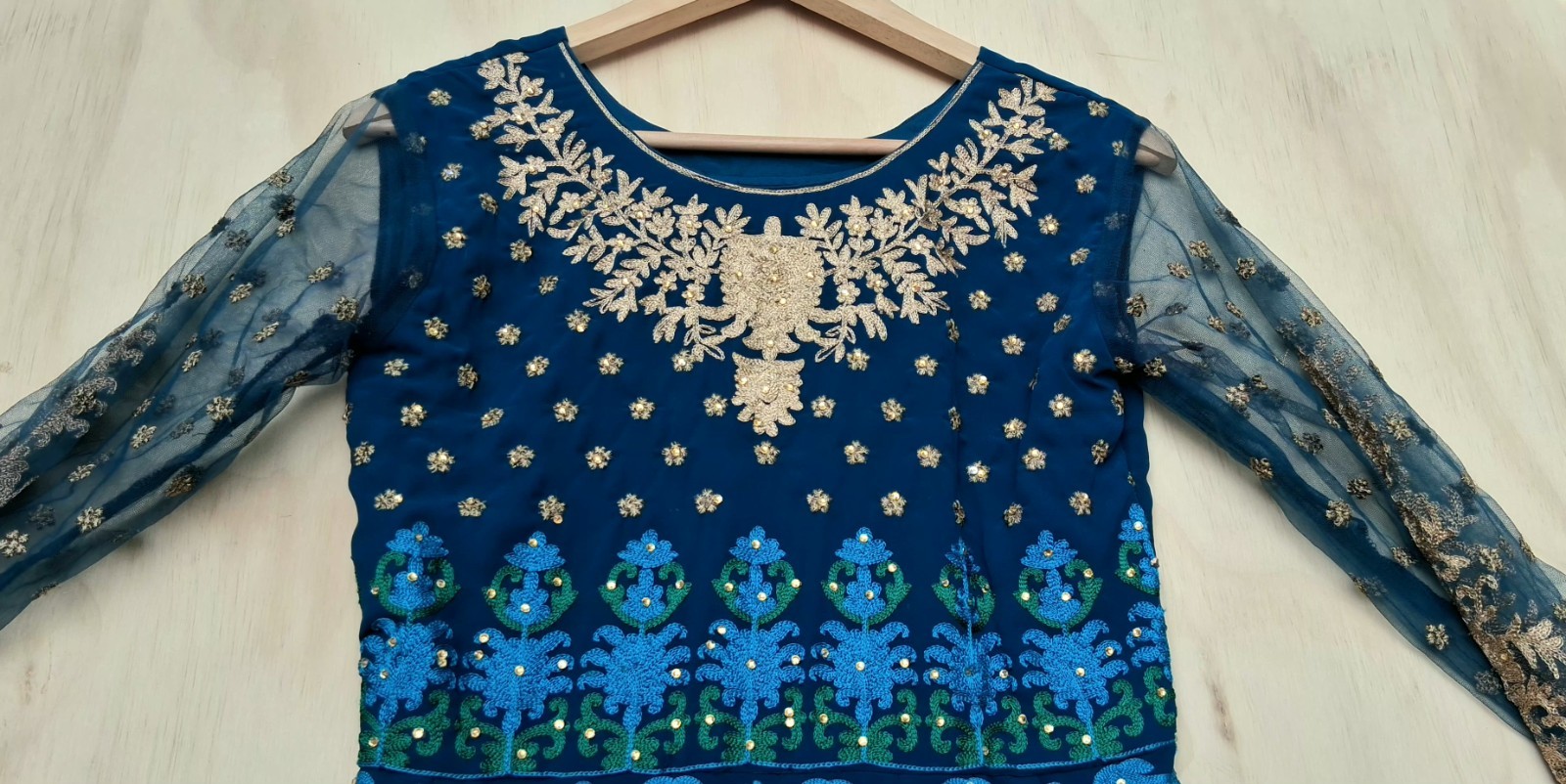 Indian Anarkali Gown Dress S Royal Blue Gold Embroidered Long Sleeve Maxi Party