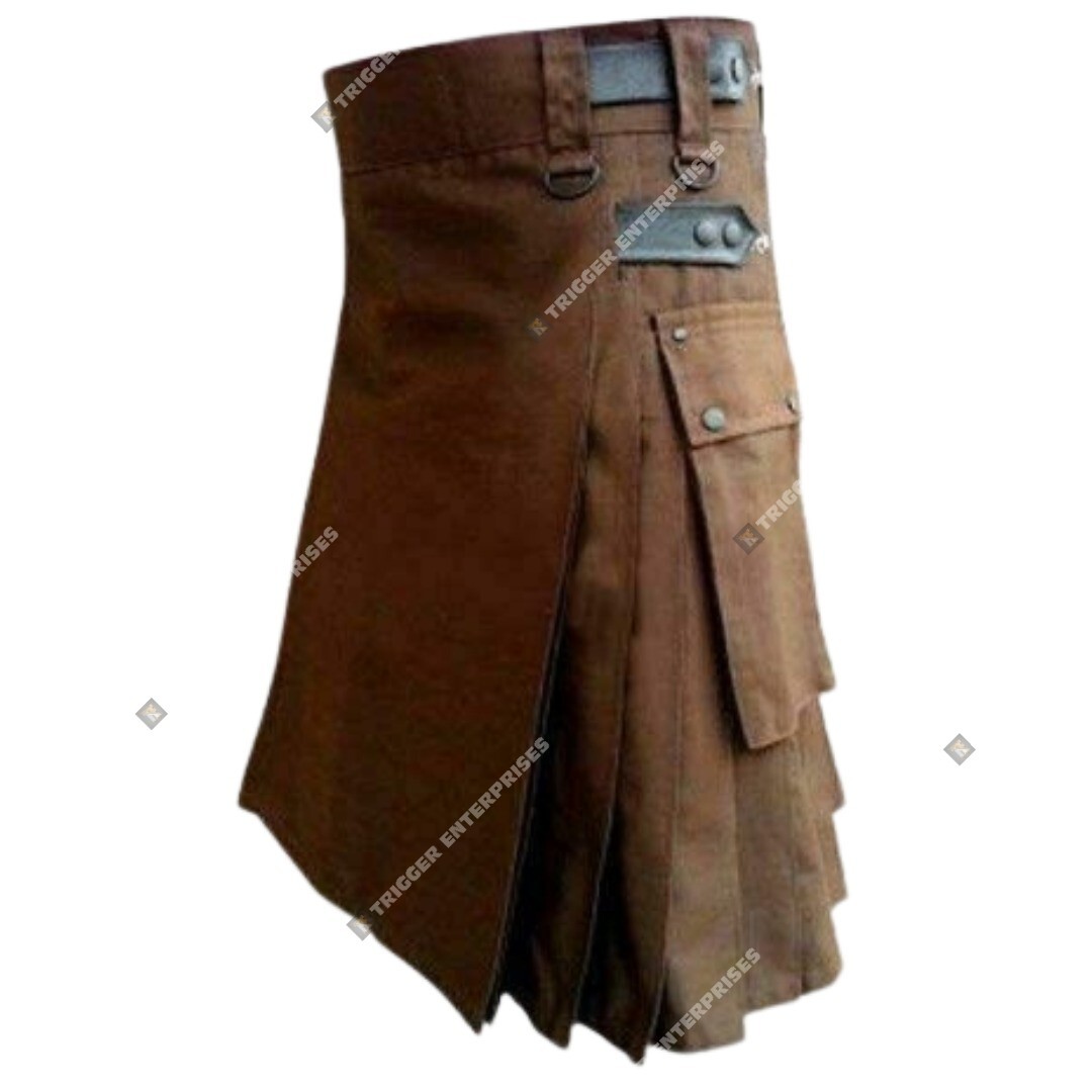 Handmade Chocolate Brown Deluxe Utility Fashion Kilt for Men’s Made in Cotton