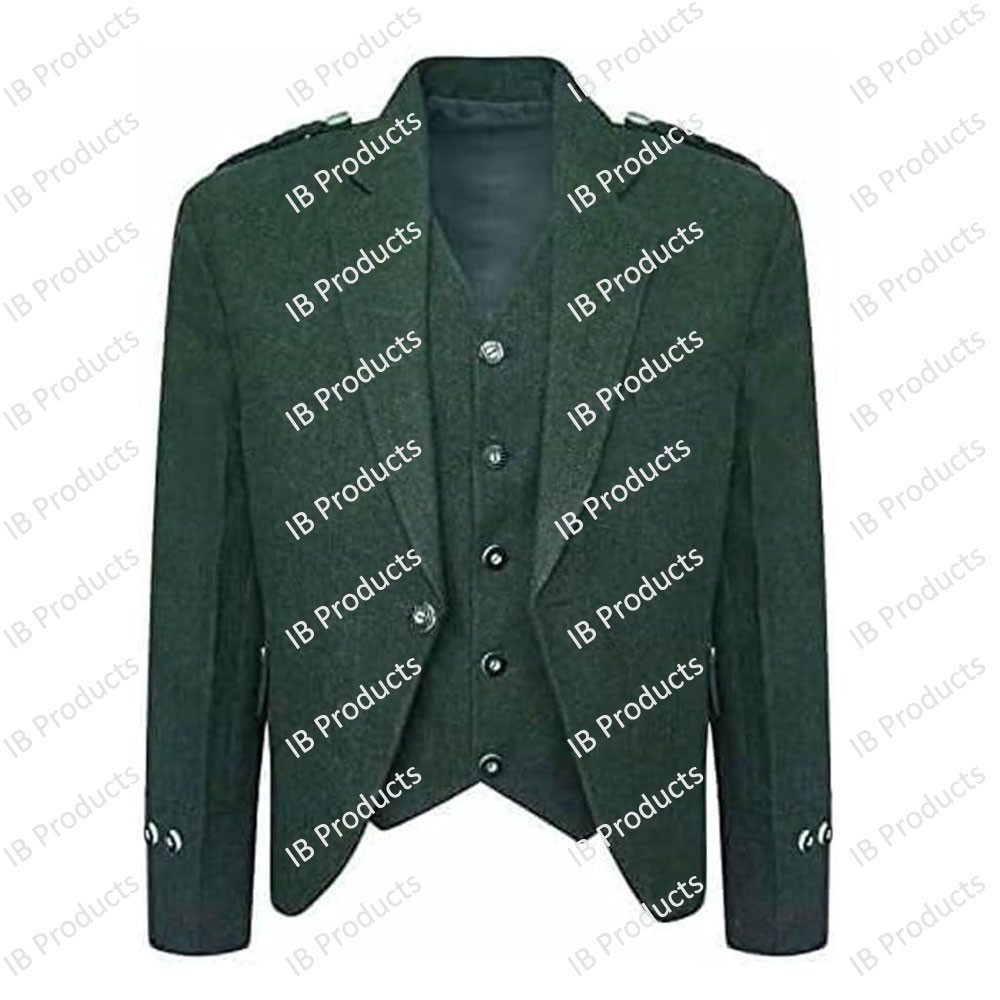 Green Tweed Wool Argyle Highland Kilt Jacket Argyll Waistcoat Vest Scottish Dres