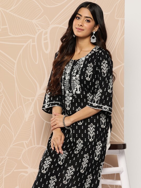 Beautiful Black & White Embroidered Cotton Kurta with Gotta Patti Details