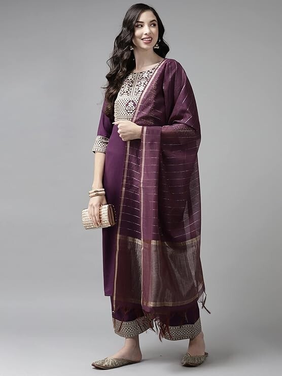 Women Silk Blend Purple Woven Kurta With Pants And Dupatta, Designer Indian Wear
