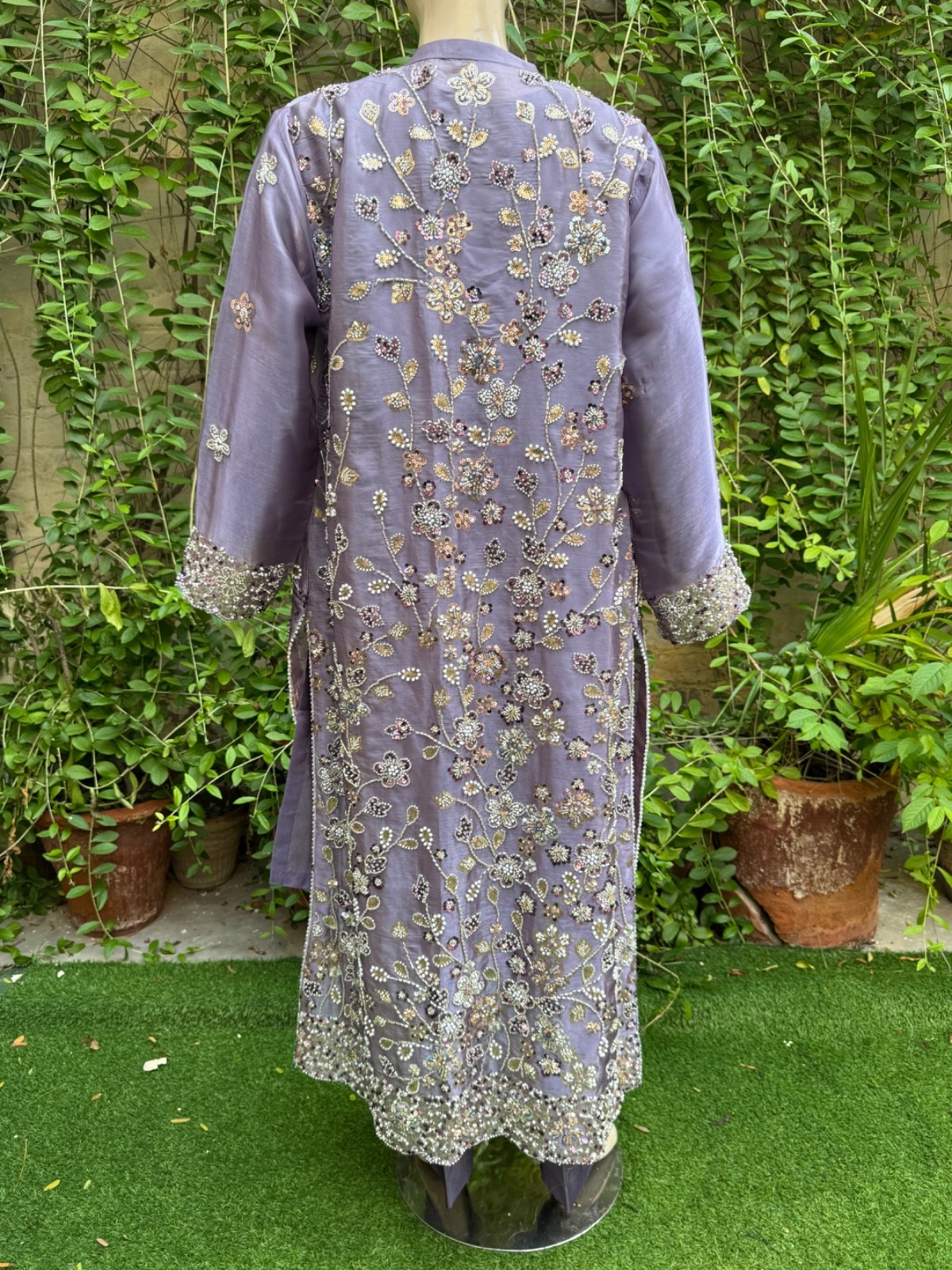 Pakistani purple silk long Gown shirt Style Embroidered Sequins Dress,L