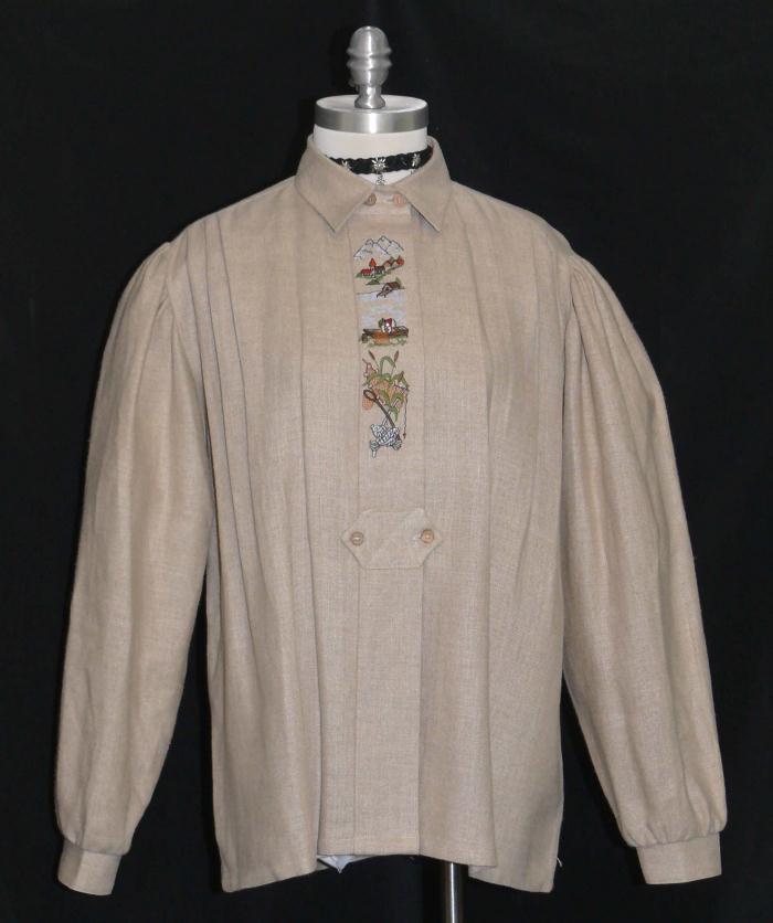 L M B42″ Beige Brown LINEN BLOUSE Top Shirt Pleated German FISHING Hunting EMBR