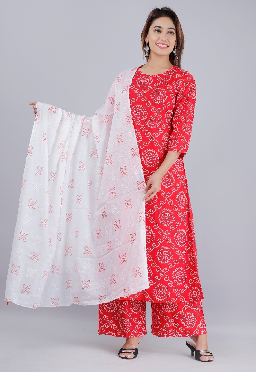 Suit 638 1219 Red Bandhni Palazzo Kameez Dupatta Small Medium Size Suits