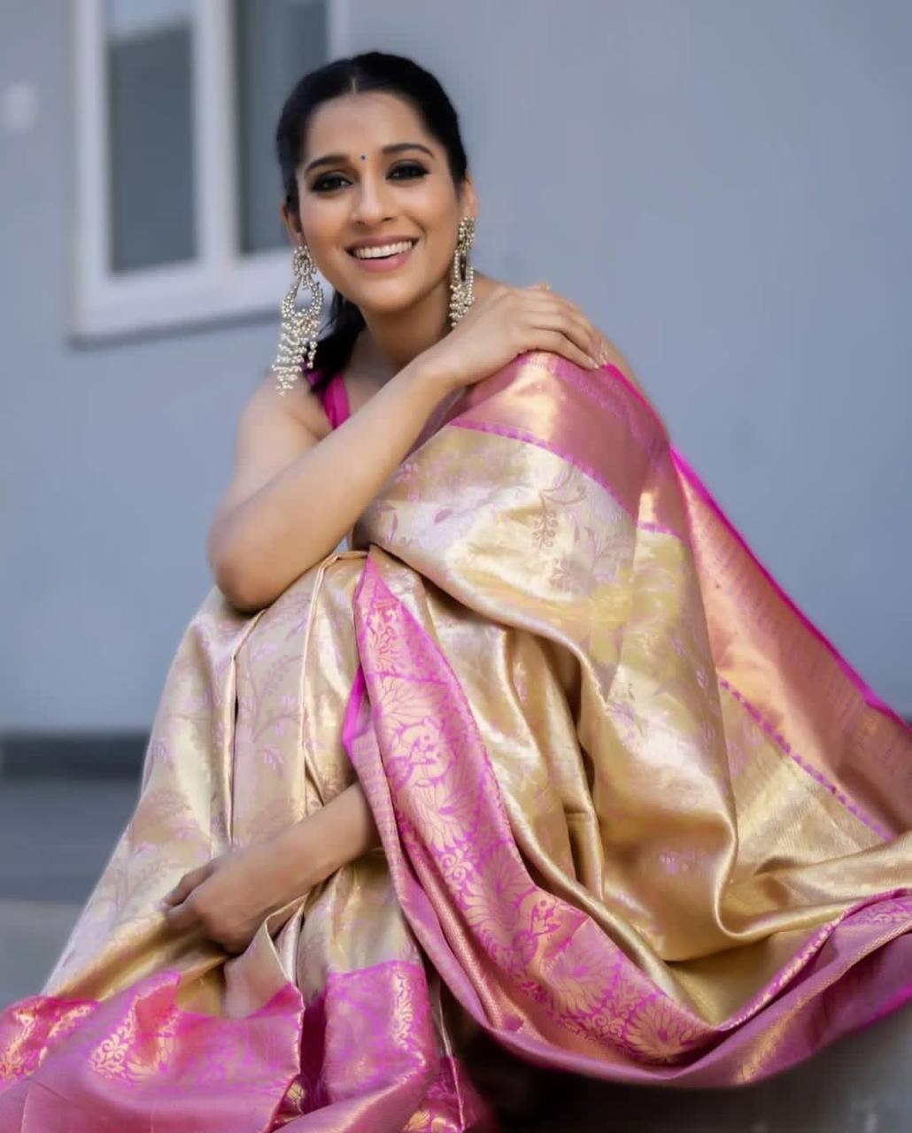 Golden Beige Pink Lichi Silk Saree Jacquard Weaving Wedding Wear Indian Ethnic