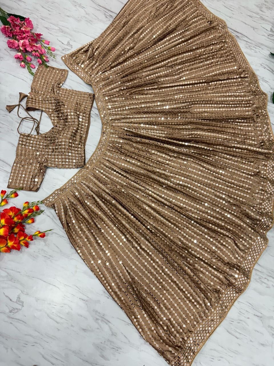 Stylish Look Dusty Brown Karishma Silk Lehenga Choli With Dupatta For Women