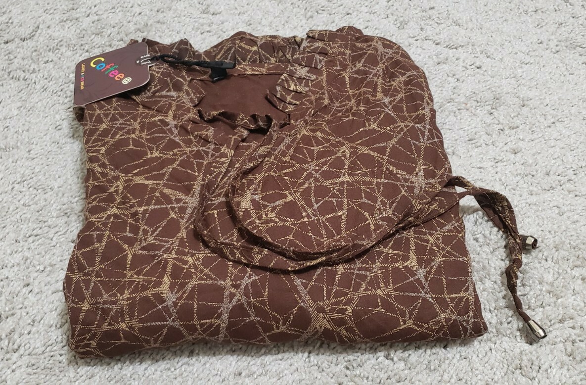 Indian Ladies Cotton long sleeve Ruffle neck Brown Kurti Size S To M