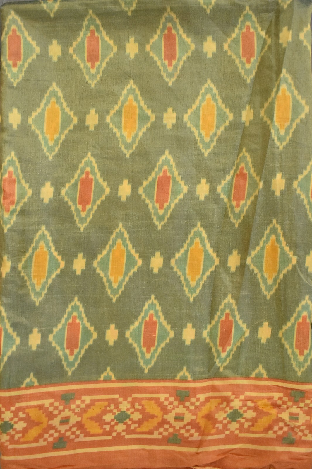 FNC Vintage Green Sambalpuri Ikat Sarees Handwoven Art Silk Sari Fabric Antique