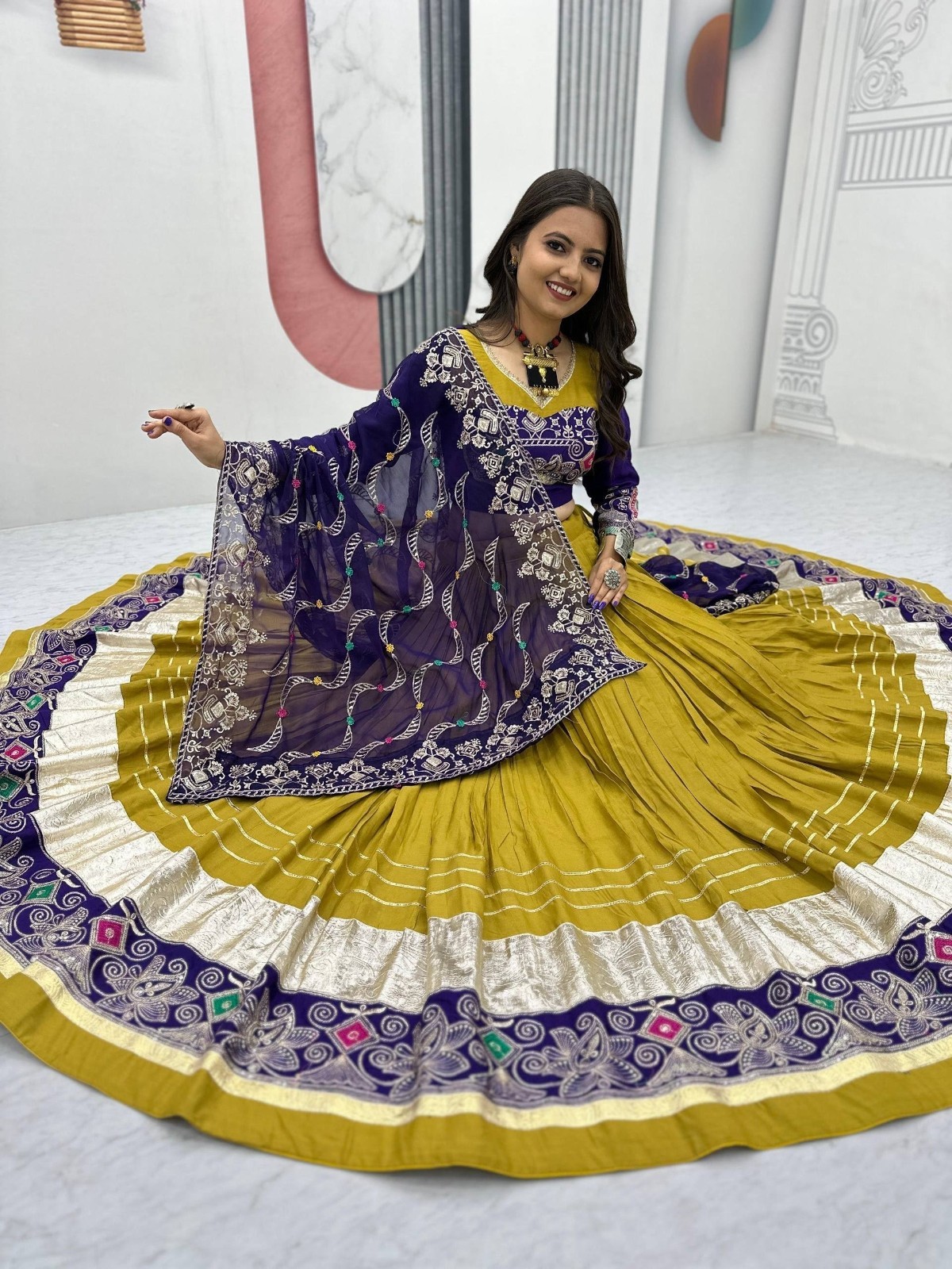 Navratri Pure Cotton Lehenga Choli Embroidery Sequin Garba Outfit Women