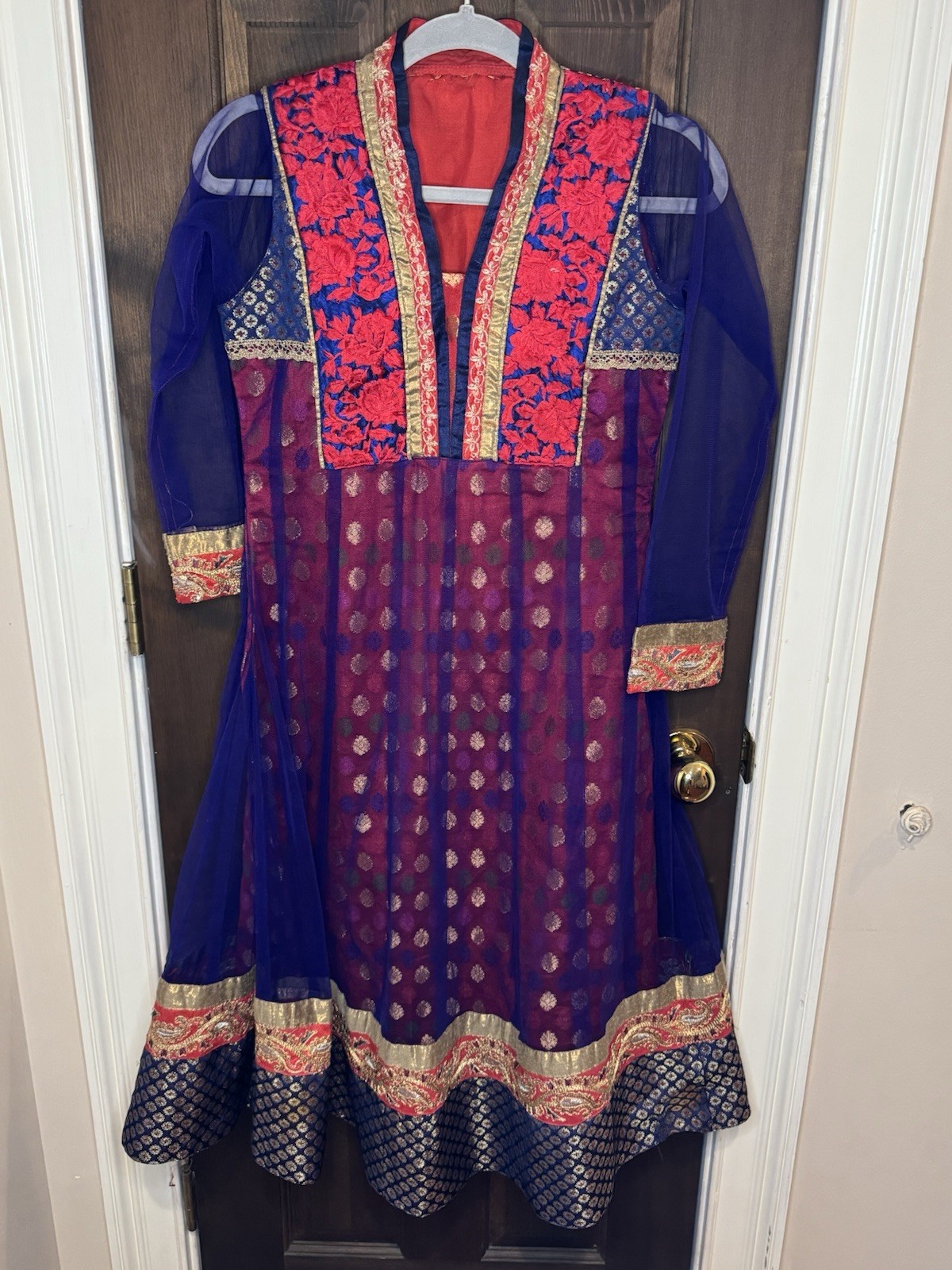 Handmade Royal Blue Red Anarkali Kurti Dress Sheer Sleeves Brocade Small 41″