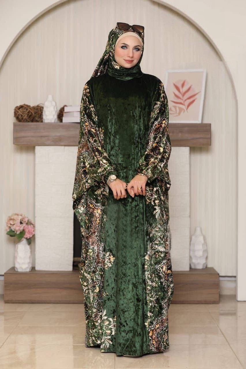 Women’s Velvet Kaftan Dress, Floral Pattern, Multicolor, Middle Eastern