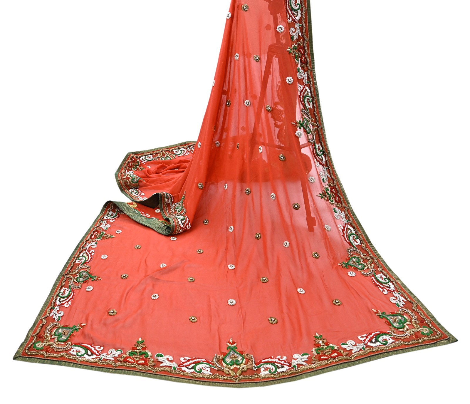 Vintage Heavy Orange Dupatta Georgette Silk Long Stole Hand Embroidered Veil